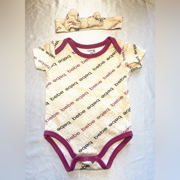 6-9mo Bebe Baby Bundle of 3 Onesies & 2 Matching Bow/Headbands - Picture 4 of 5